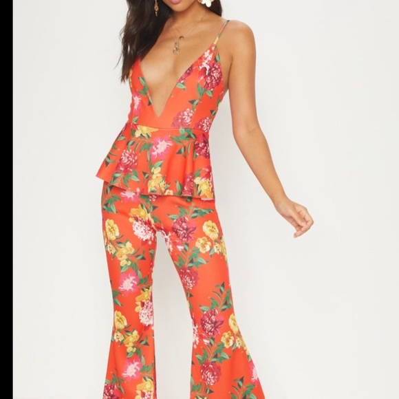 PrettyLittleThing Pants - NWT PrettyLittleThing Orange Tropical Jumpsuit